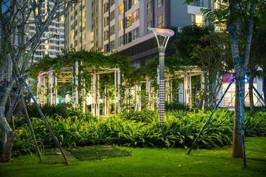 Garden with lamps at night. Tree and building on background