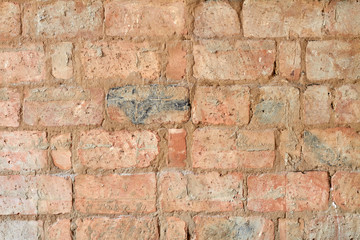 Background of old red vintage brick wall. Background of brick wall texture. Closeup