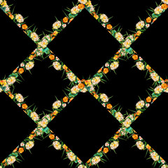 Watercolor marsh plants and herbs seamless geometric pattern with white and yellow water lilies