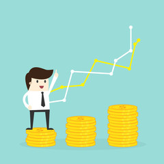 businessman stand on money coin to success, business concept illustration with graph.