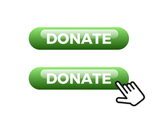 Shiny button for donation through website and webpage.  Hand and finger are pointing clicking to donate. vector illustration isolated on white.