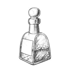 Bubbled Potion Liquid Bottle Monochrome Vector. Retro Glass Bottle With Blank Label And Cap In Sphere Form. Creative Phial Template Hand Drawn In Vintage Style Black And White Illustration