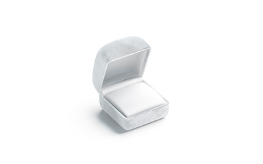 Blank white opened ring box mockup, side view, 3d rendering. Empty velvet case with pad mock up, isolated. Clear pack for wedding accessory. Compact classic package for jewelry template.