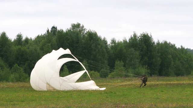 Military parachutists jump from the plane. Jumping with a parachute at low altitude