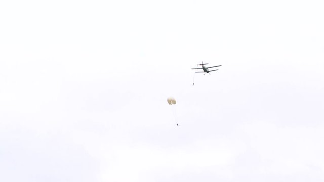 Military parachutists jump from the plane. Jumping with a parachute at low altitude