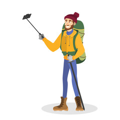 Climber man in special winter clothes with backpack