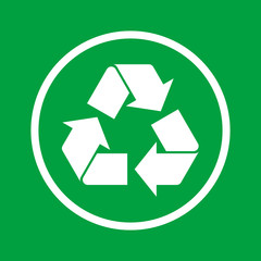 Simple white recycle symbol in a circle. Recycle sign, icon or logo on green background. Label for recyclable products. Reduce reuse recycle concept. Vector illustration, flat style, clip art.  