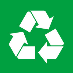 Simple white recycle symbol on green background. Sign or icon for recycling materials. Reusable materials concept. Recycle emblem symbolizing recyclable product. Vector illustration, flat, clip art.  