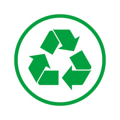 Simple green recycle sign in a circle. Recycle symbol, icon or logo on white background. Label for recyclable products. Reduce reuse recycle concept. Vector illustration, flat style, clip art.  