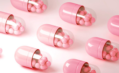 3d illustration of a render of pink capsule pills on a light background.