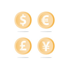 Money exchange, dollar, euro, pond and yen currency coins, cash loan, finance concept