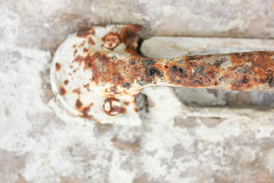 The details of the handles are rusty, Closeup old wooden with handle, Focus on the handle.