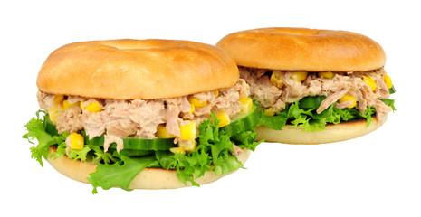 Tuna and sweet corn filled bagels isolated on a white background