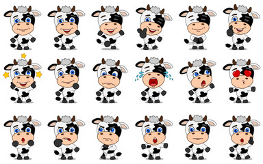 Big set of funny cow in cartoon style in different standing poses and emotions isolated on white background