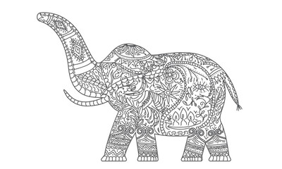 Carved doodle elephant with line art ornaments. Hand drawn greeting card. Vector illustration.