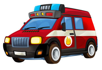 Cartoon firetruck on white background with fire sign on the side - illustration for the children