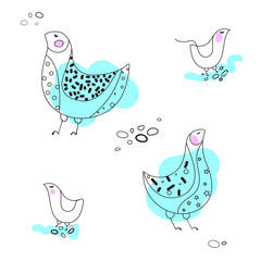 Bird collection. Cute hand drawn bird doodles,sketch graphic line drawing. Black on white vector set