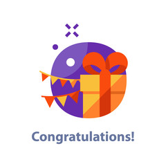 Present giveaway, surprising gift, yellow box, red ribbon, receiving special prize, birthday congratulation, fun celebration