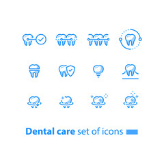 Teeth braces, dental care, stomatology services, cleaning and whitening, implant and crown, protection concept, line icons