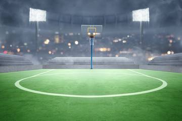 Basketball court with lights reflectors and tribune