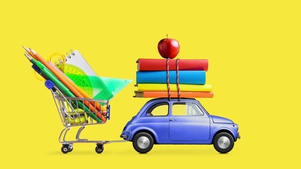 Back to school. Car delivering shopping cart with stationery, books and apple against yellow colored school blackboard .
