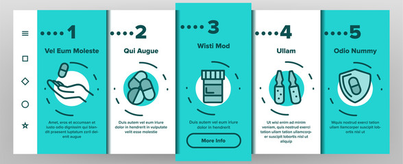 Color Antibiotic Onboarding Mobile App Page Screen Vector. Drugs And Pills, Injection And Cream, Syrup And Drops Antibiotic Linear Pictograms. Anti Alcoholic And Virus Illustrations