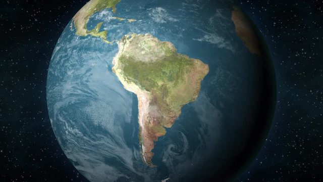 Planet Earth, zooming in on the South American continent.