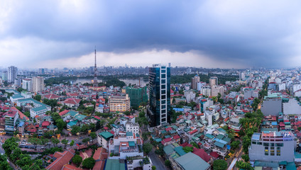 Aerial skyline view of Hanoi city, Vietnam. Hanoi cityscape by sunset period at Hai Ba Trung district viewing from Ba Trieu street