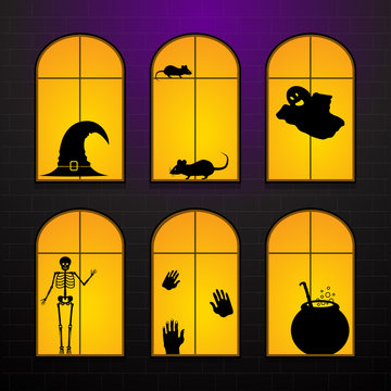 Halloween windows in hanted house. Set Vector illustration of Halloween windows silhouette horror characters decoration elements signs.