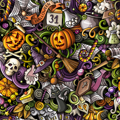 Cartoon cute doodles hand drawn Halloween seamless pattern
