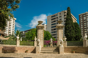 Valencia, Spain-07/20/2019:Monforte Garden - Jardines de Monforte. A neoclassic design full of statues, pools, fountains, walkways and rest areas.