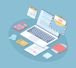 Online tax payment, mobile app. Tax form in an envelope on a laptop screen, document, credit card, calculator, wallet, coins on the table. Isometric 3d vector illustration. 