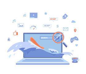 Internet Surfing, Online Research. Business, news, Social networking, search, education, video, games. Surfboard, waves, magnifying glass on the laptop screen. Vector illustration on white background.