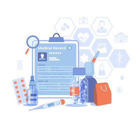 Medicine, Healthcare, Pharmaceuticals, Red Cross, First aid to the patient, Science. Medical equipment, record, package, thermometer, pills, spray, drops. Vector illustration on white background.