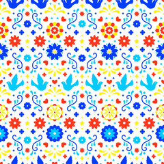 Colorful mexican flowers, leaves and birds on white background. Traditional seamless pattern for fiesta party. Floral folk art design from Mexico. Mexican folklore ornament.