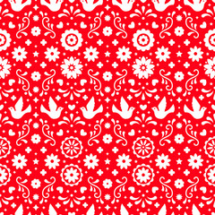 Mexican flowers, leaves and birds on red background. Traditional seamless pattern for fiesta party. Floral folk art design from Mexico. Mexican folklore ornament.