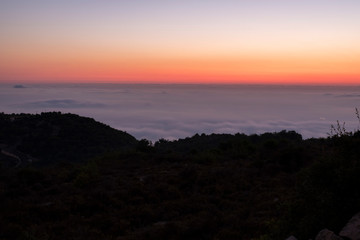 Beautiful colorful sunset over the mountain range and pine tree forest. Nature landscape. fogy sky with some orange reflections.