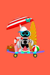 Cute robot is ready for vacation with different summer attributes 3D illustration
