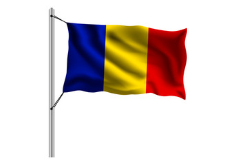 Waving Romania flag on flagpole on isolated background, flag of Romania, vector illustration