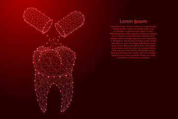 Tooth three-dimensional 3d and the concept of medical restore the enamel from pills from futuristic polygonal red lines and glowing stars for banner, poster, greeting card. Vector illustration.