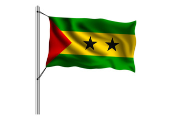 Waving San Tome and Principe flag on flagpole on isolated background, flag of San Tome and Principe, vector illustration