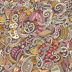 Cartoon doodles Winter season seamless pattern. Endless illustration.