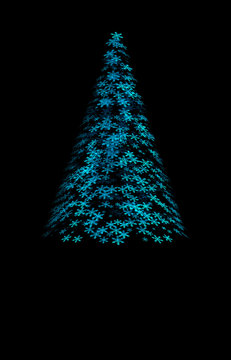 Christmas tree consists of blue snowflakes on black background 3D illustration