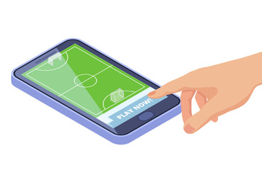 Isometric football field on smartphone - sport games mobile app vector concept. Sport game on smartphone, app football isometric illustration