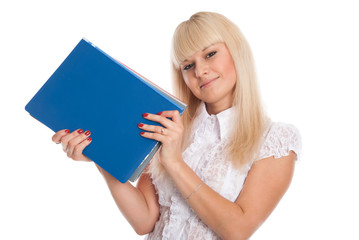 Close up of a young woman with business folders.