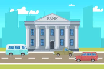 Rollo City landscape with bank building, cars, skylines silhouettes vector illustration. Building cityscape, architecture bank , urban town © MicroOne