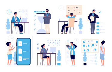 Effective time management. Man managed tasks, planning strategy organized activities schedule isolated vector characters. Illustration management business, schedule strategy calendar