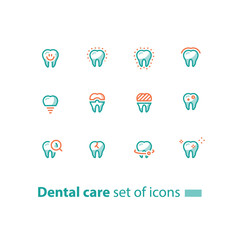 Stomatology services, dental care, prevention check up, tooth implant and crown, line icons