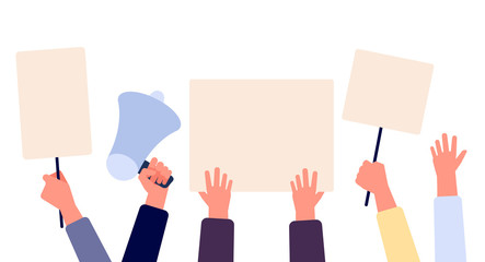 Hands with blank placard. People holding protests banners, activists with empty vote signs. Election campaigning vector concept. Illustration protest with placard, political freedom struggle