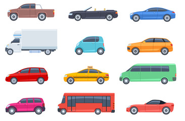 Flat cars set. Taxi and minivan, cabriolet and pickup. Bus and suv, truck. Urban, city cars and vehicles transport vector flat icons. Cabriolet and truck, car and bus, automobile pickup illustration - obrazy, fototapety, plakaty
